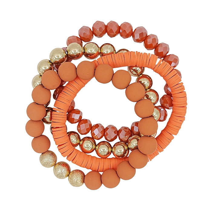 Orange Rubber, Crystal and Gold Set of 4 Stretch Bracelet