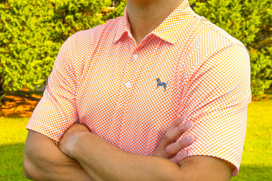 Bluetick Checkerboard Polo- Org/White