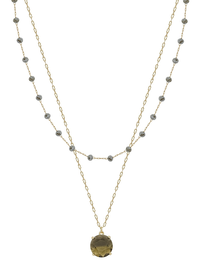 Grey Crystal Chain Layered with Black Diamond Crystal Stone 16"-18" Necklace