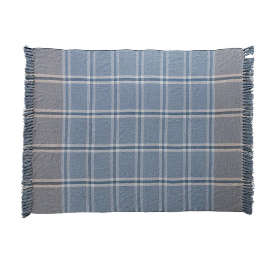 Woven Throw w/ Fringe, Blue Plaid