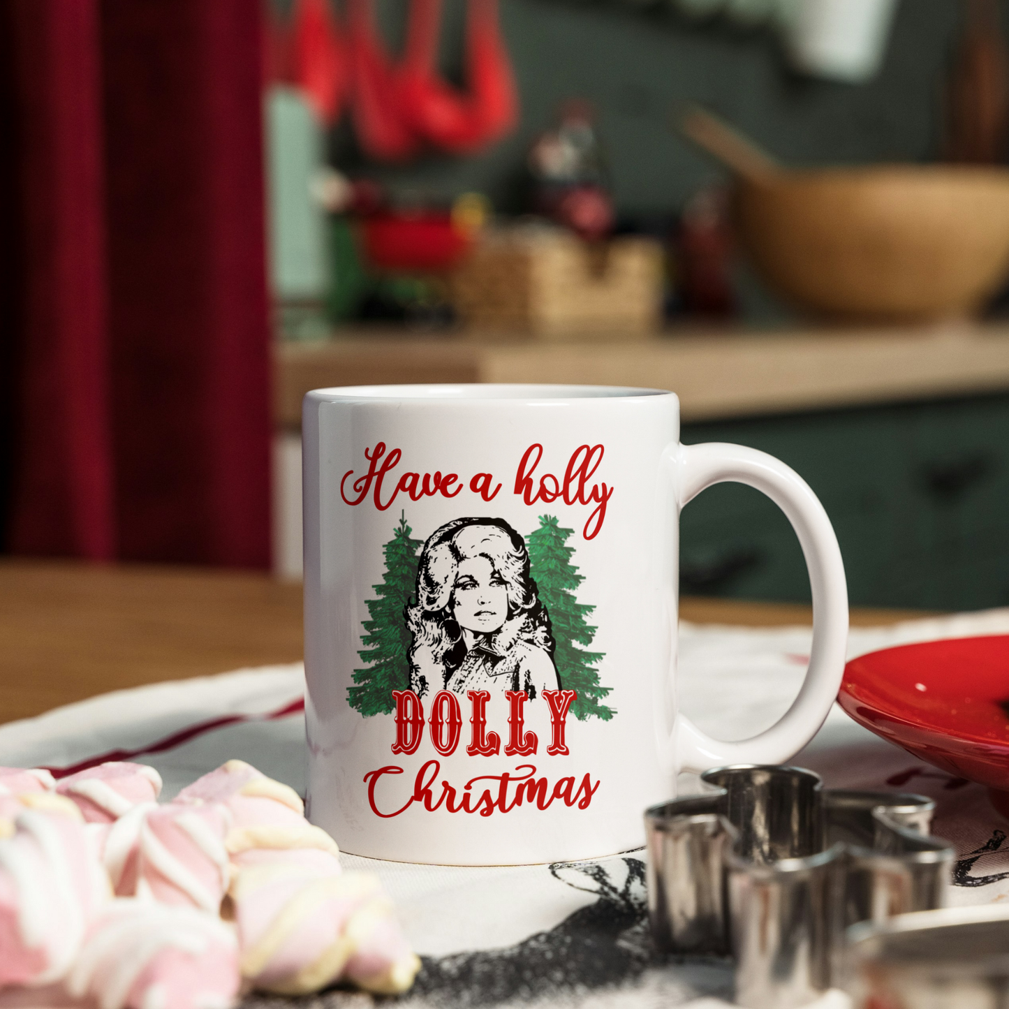 Holly Dolly Christmas Mug: Red Handle/Inside / 11oz