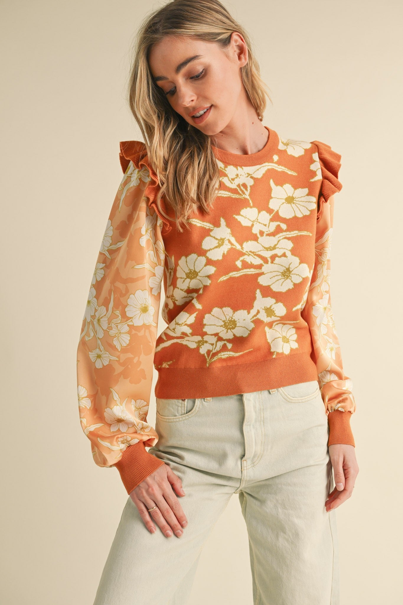 FLORAL MIXED MEDIA SWEATER TOP