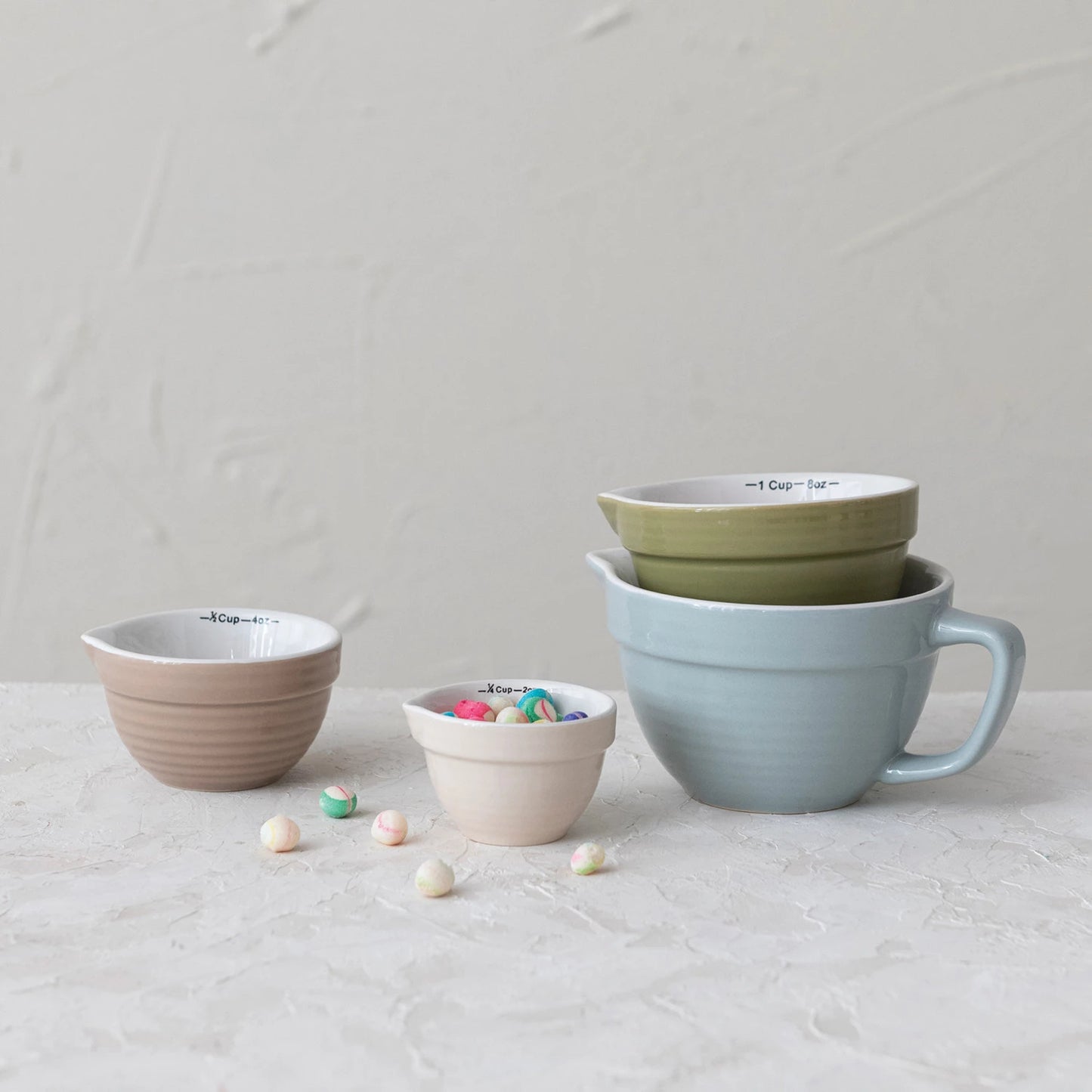 Stoneware Batter Bowl Measuring Cups, 4 Colors, Set of 4