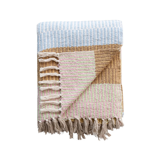 Woven Recycled Cotton Blend Throw w/ Stripes & Fringe