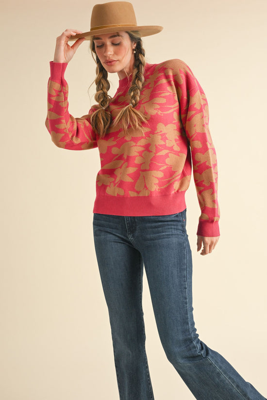 MOCK NECK FLORAL KNIT SWEATER