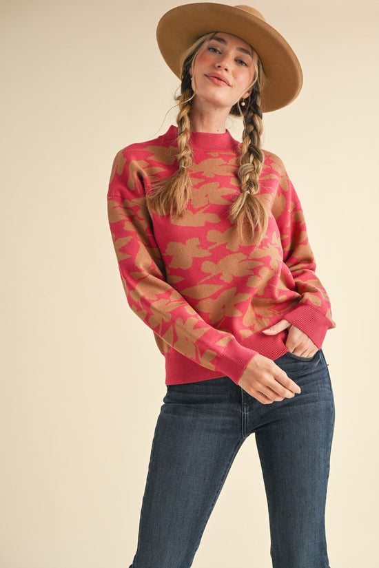 MOCK NECK FLORAL KNIT SWEATER