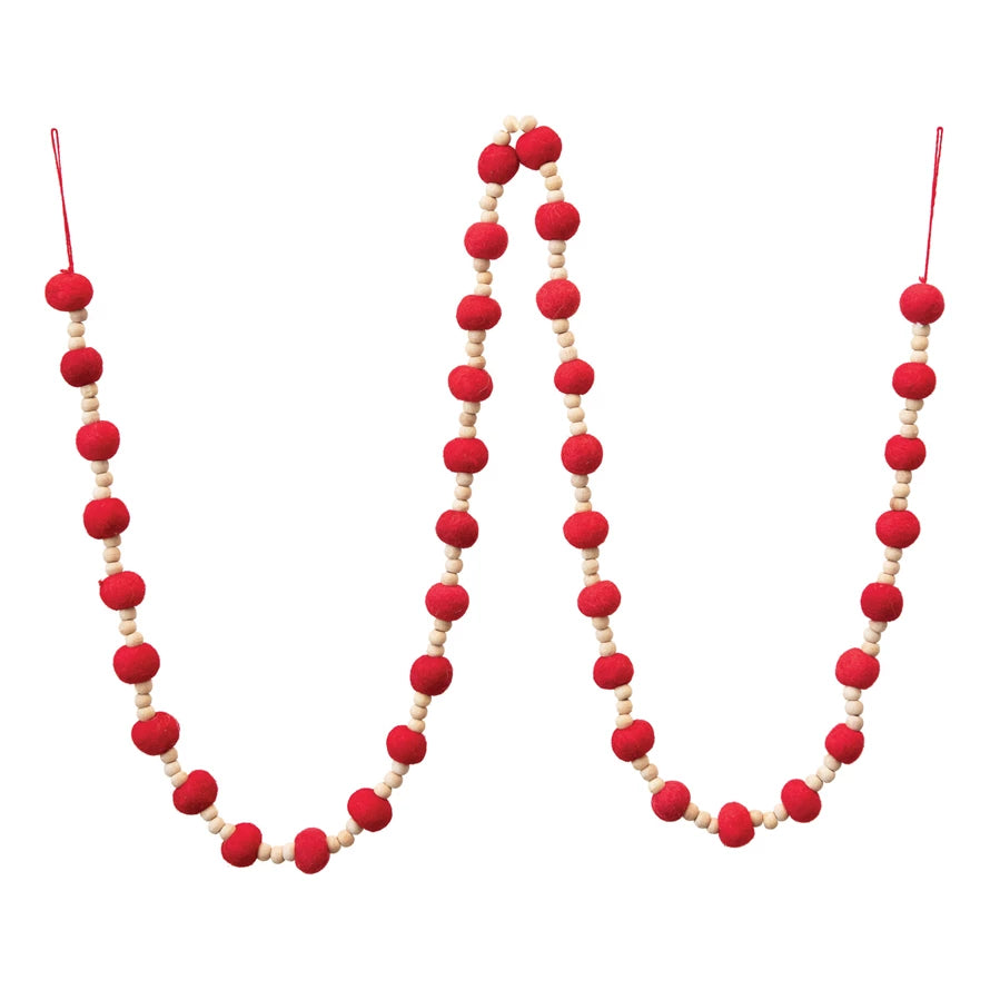 Red Felt Ball Wood Bead Garland