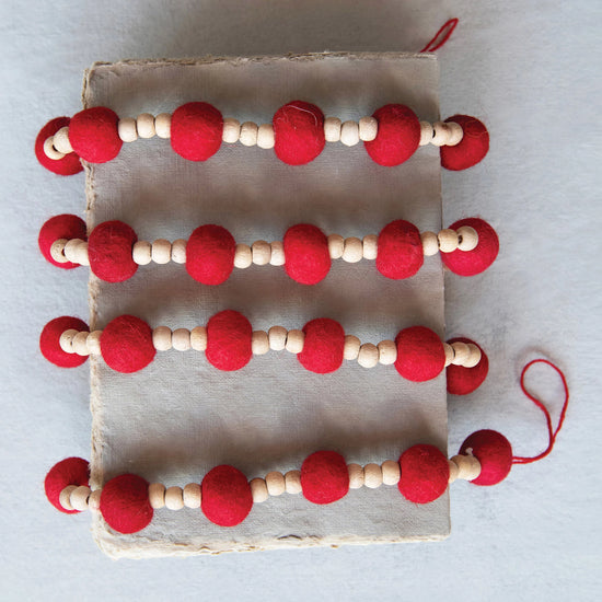 Red Felt Ball Wood Bead Garland