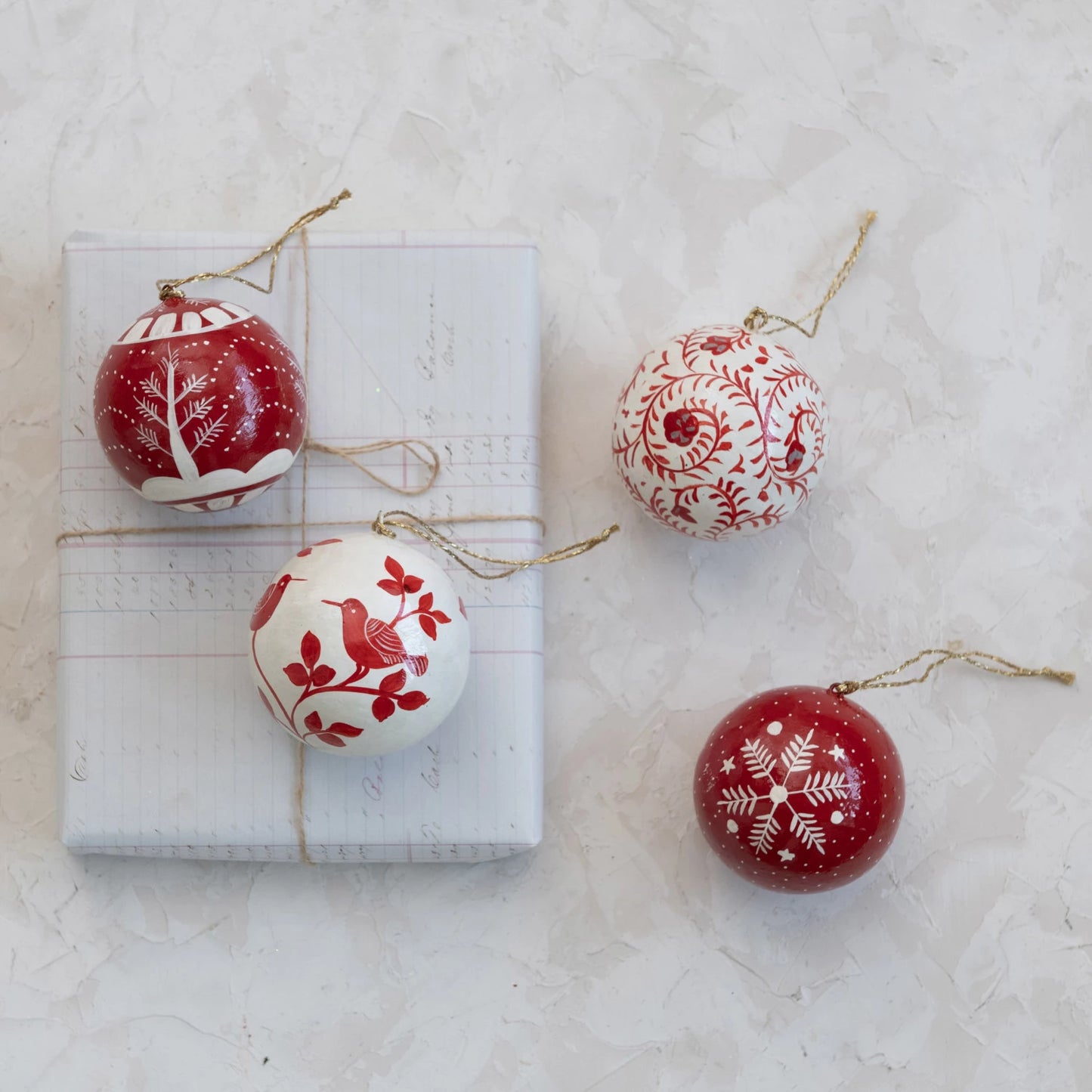 Red & White Paper Mache Ball Ornament