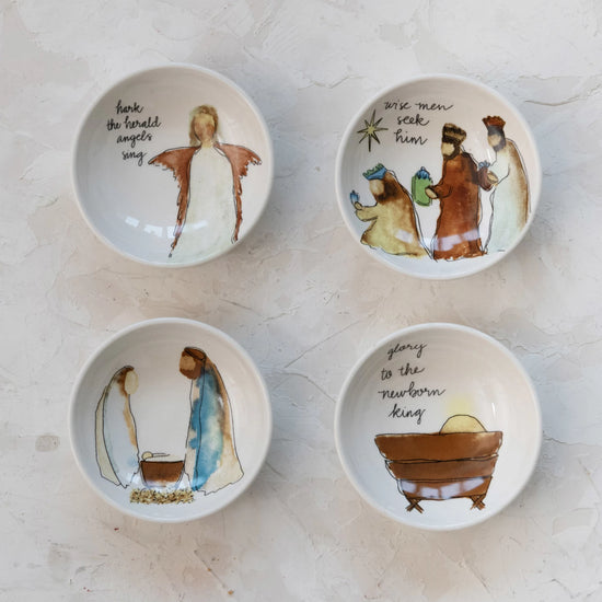 Round Stoneware Dish w/ Christmas Saying & Image, Multi Color, 4 Styles