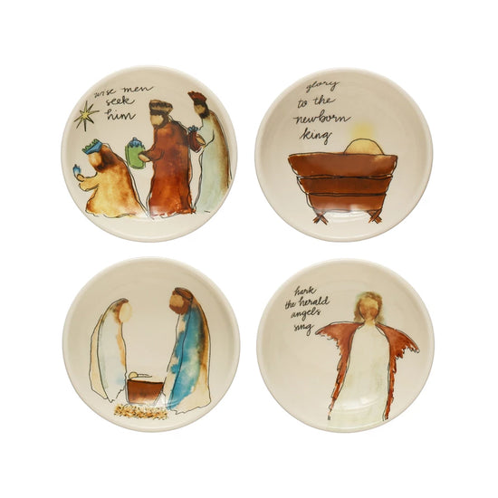 Round Stoneware Dish w/ Christmas Saying & Image, Multi Color, 4 Styles