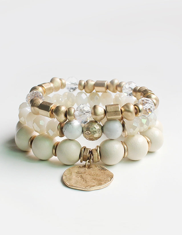 Load image into Gallery viewer, Set of Three White Natural, Gold, and Natural Stone Stretch Bracelet
