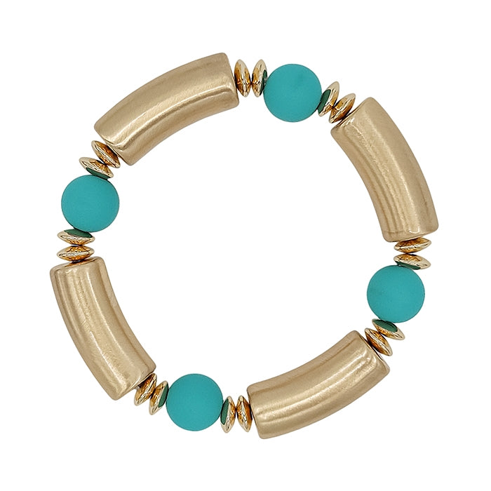 Teal Color Coated Ball and Gold Bar Stretch Bracelet