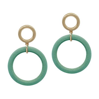 Gold and Mint Wood Open Circle 2" Earring