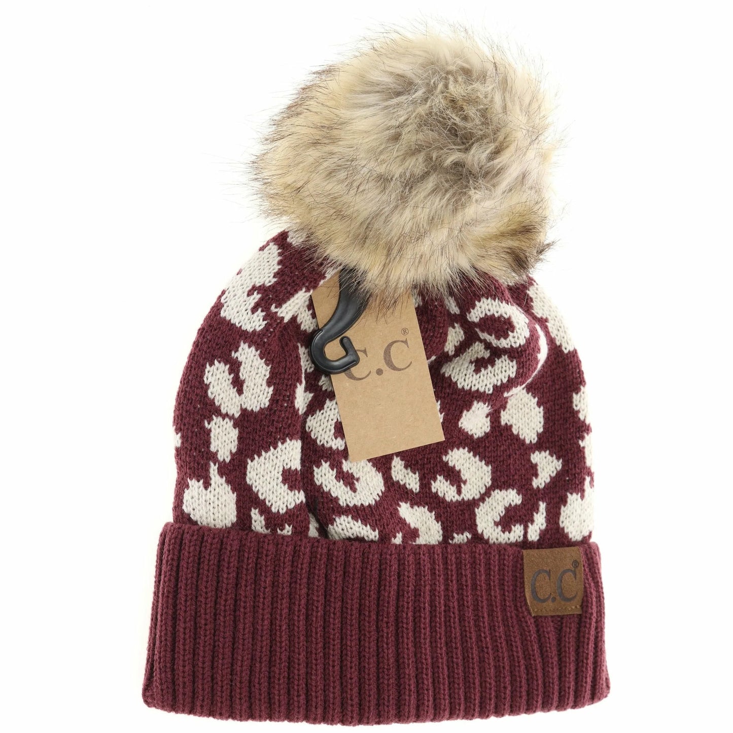 Load image into Gallery viewer, Leopard Pattern Fur Pom Beanie
