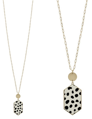 White Cheetah Print Hexagon and Gold 32" Necklace