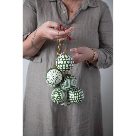 Round Hand-Painted Paper Mache Ball Ornament - Green and White