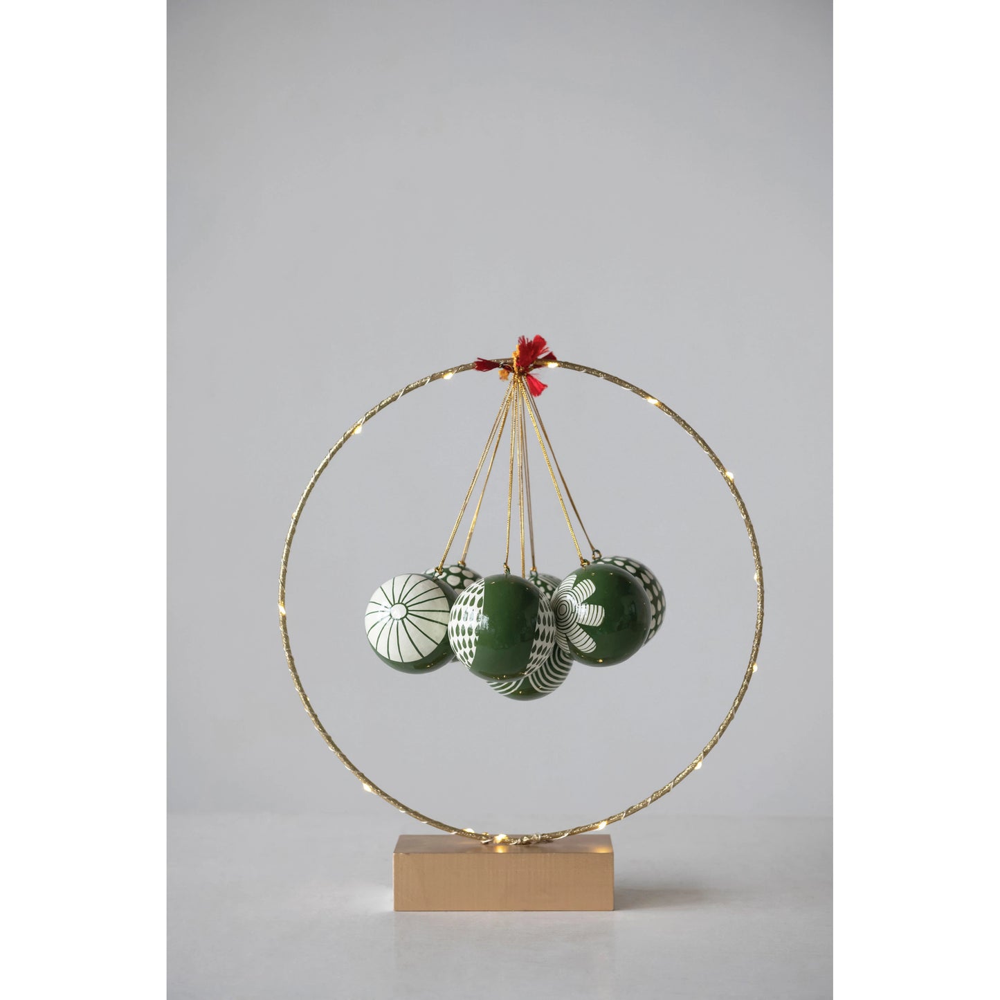 Round Hand-Painted Paper Mache Ball Ornament - Green and White